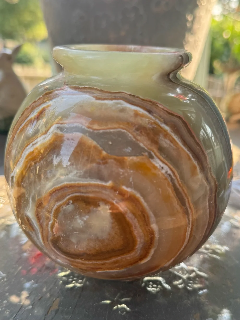 Vintage Polychrome Onyx Stone Vase in Pink, Brown & Green
